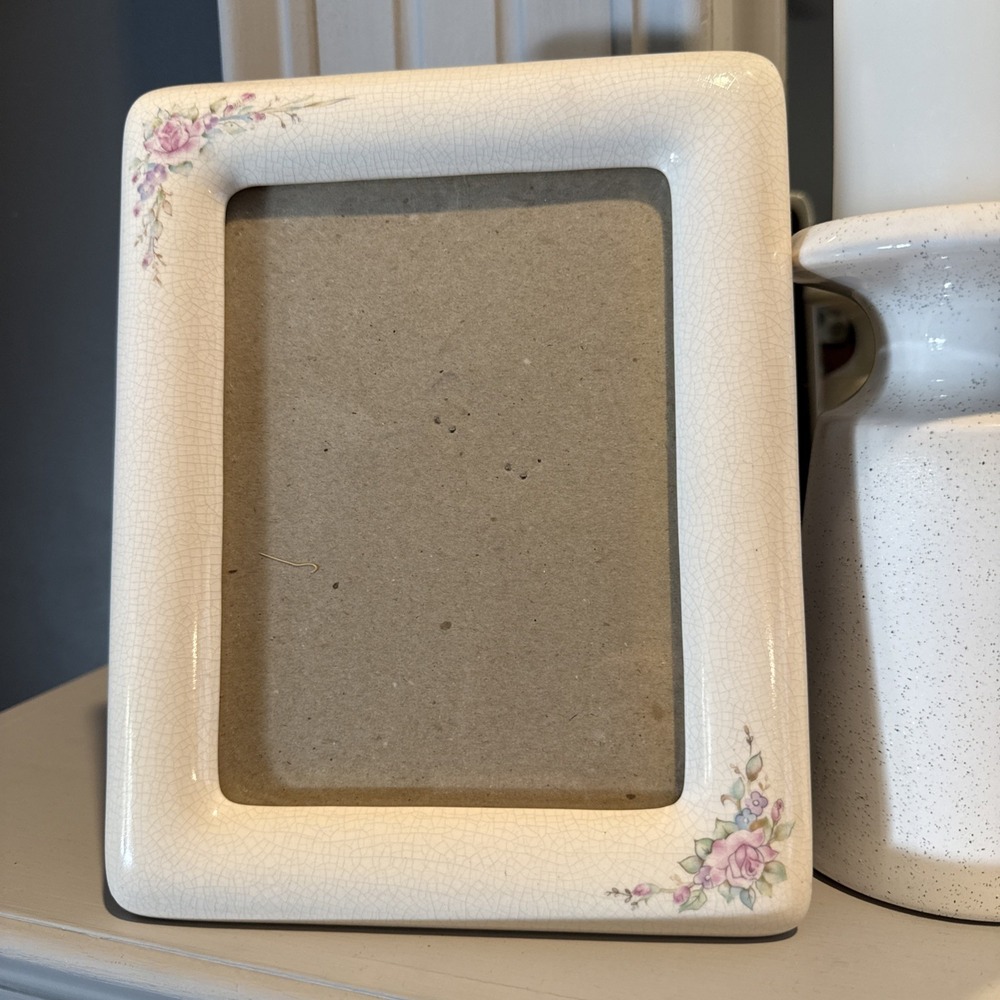 Burnes of Boston Porcelain Off White And Pink Flowers‎ 5x7 Photo Frame Vintage